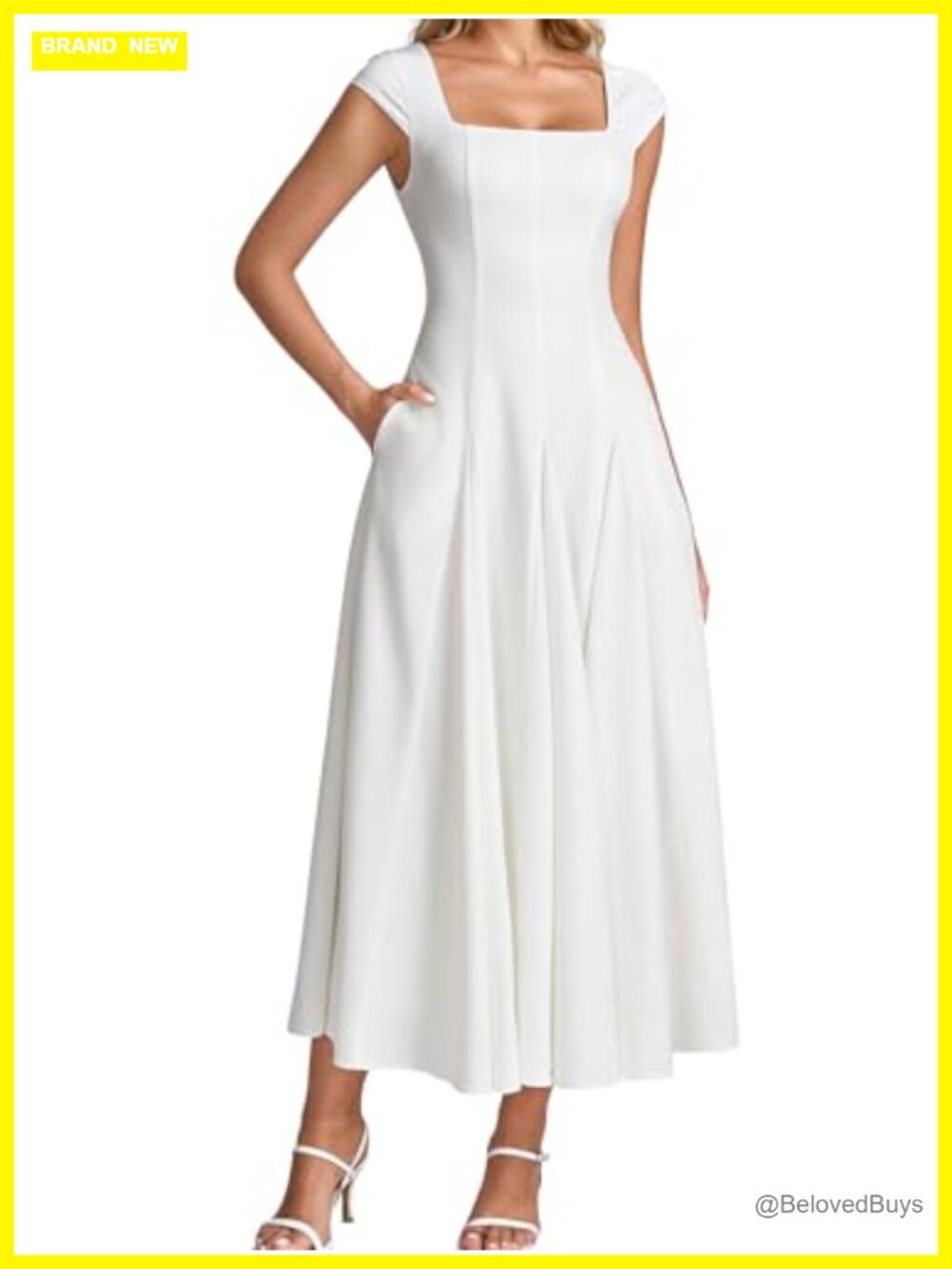 Corset Midi Wedding Guest Dress Square Neck A-Line Sleeveless Flowy Formal